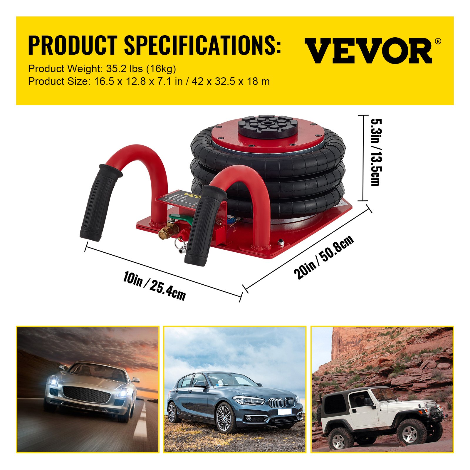 VEVOR triple bag air jack with product specifications and car images.