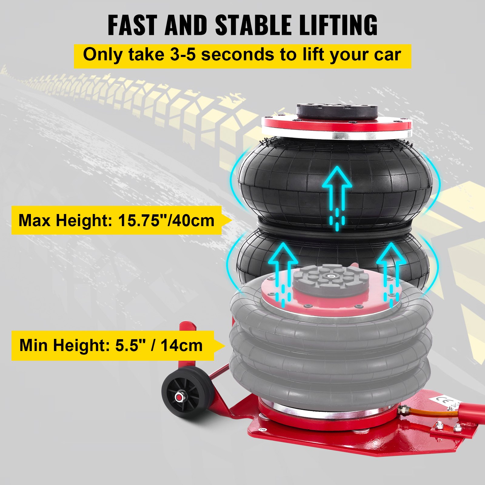VEVOR Pneumatic Jack, 3 Ton/6600 LBS Air Bag Jack, Triple Bag Air Jack for Vehicle, Extremely Fast Lifting Action, Max Height 15.75"/400 mm, with Wheels, Long Handle