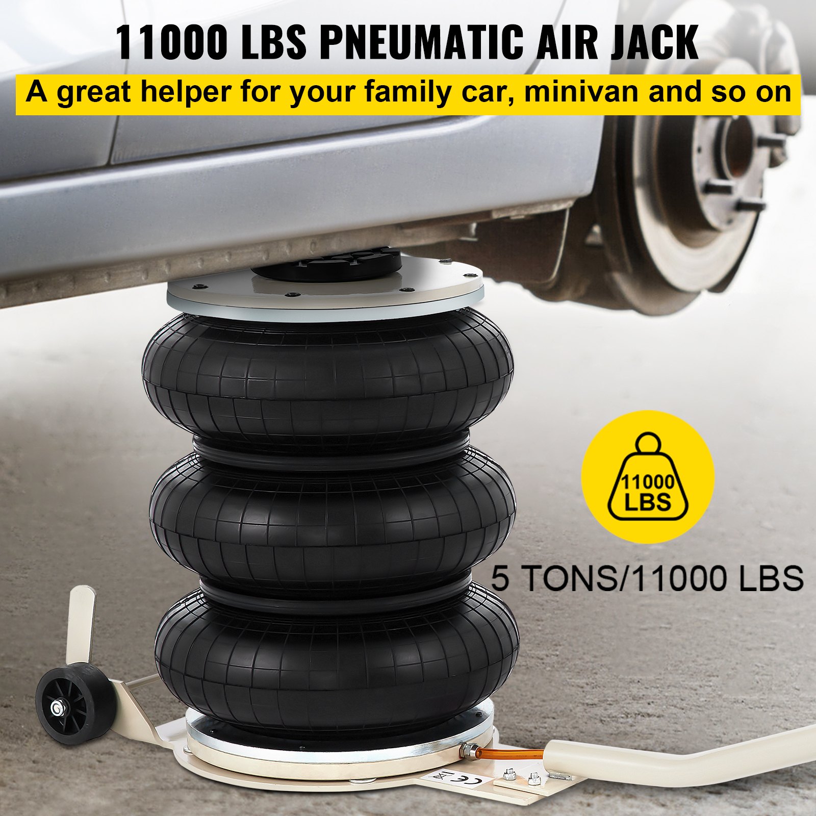 VEVOR Pneumatic Jack, 5 Ton/11023 lbs Triple Bag Air Jack, Lifting Height 6.3-15.75 Inch, Inflatable Car Jack with Long Handle, Lifter Pneumatic Air Jack for Garage Car Lifting Repair