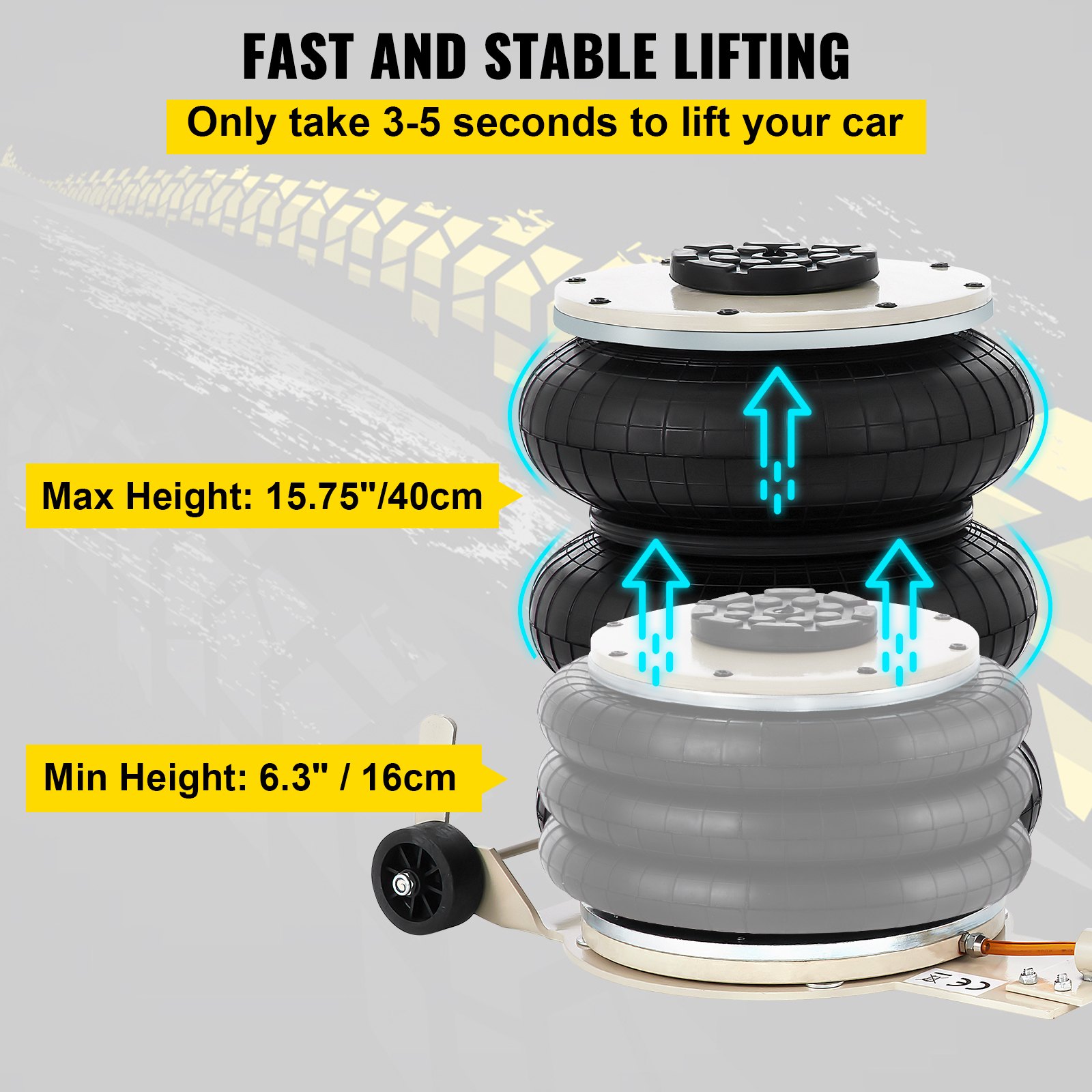 VEVOR 5 Ton/11023 lbs  Pneumatic Jack Triple Bag Air Jack Lifting Height 6.5-16Inch Inflatable Car Jack Lifter Pneumatic Air Jack 11023LBS Capacity Extremely Fast Lifting