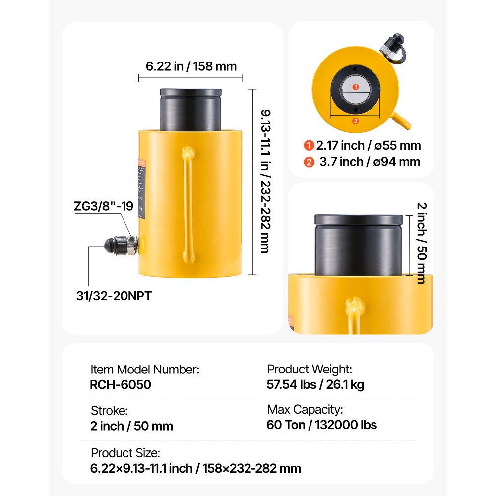 60ton 50mm Hollow Plunger Hydraulic Cylinder Jack