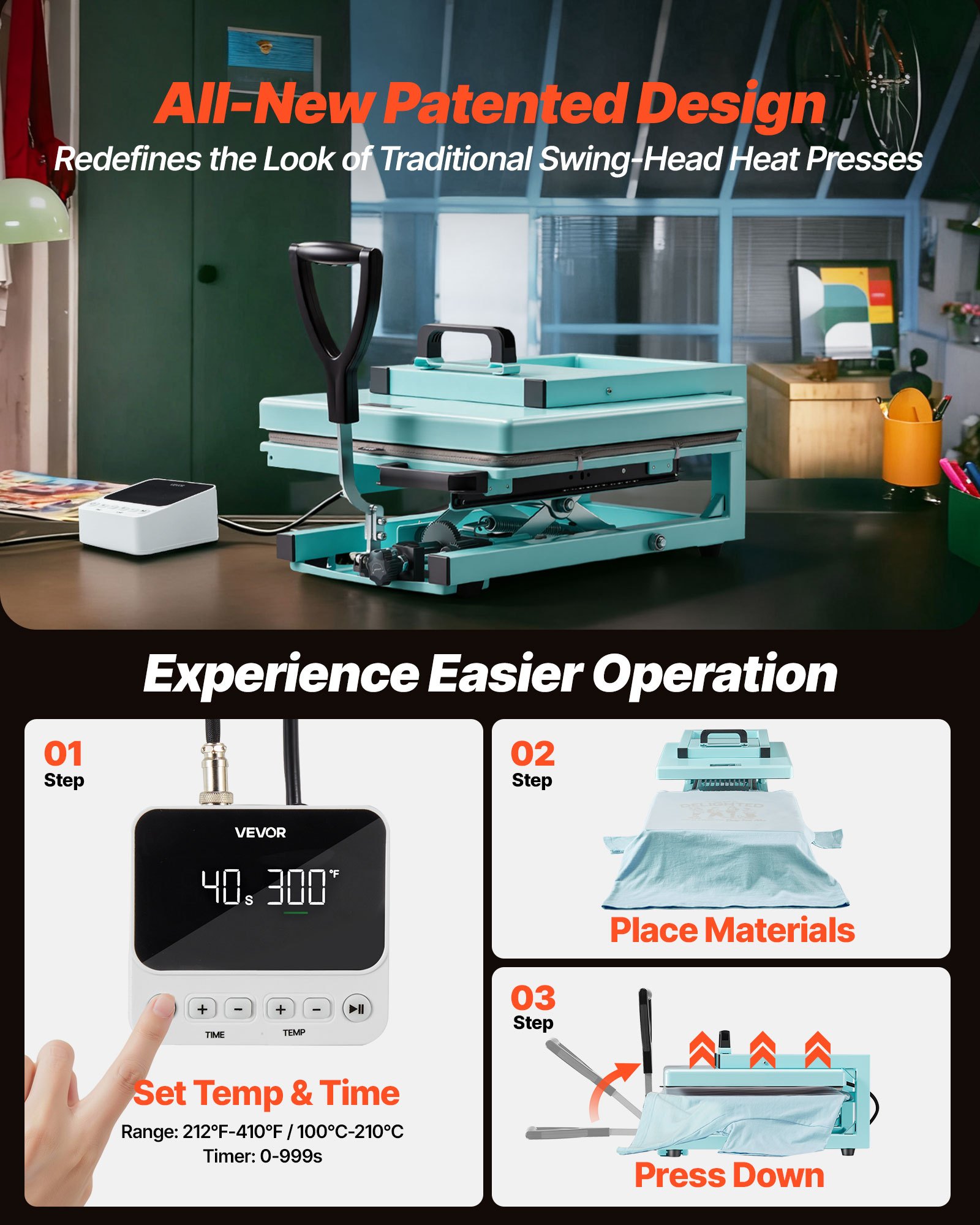 VEVOR Hybrid Heat Press, 15 x 15 inch, 5-in-1 Multifunction, Heat Up Fast and Even, All-New Patented Design, Easy to Control, Sublimation Press Machine for T-shirts/Tumblers/Caps/Plates, Light Green