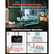 VEVOR Heat Press Machine, 15 x 15 inch, 8-in-1 Multifunction, Heat Up Fast and Even, All-New Patented Design, Easy to Control, Sublimation Press Machine for T-shirts/Tumblers/Caps/Plates, Light Green