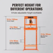 VEVOR Hydraulic, 12 Ton H-Frame Floor, Stamping Plates, Adjustable Working Table Height for Bending or Straightening Metal, Garages, or Homes Shop Press, Orange
