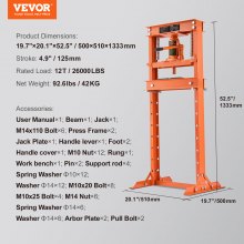 VEVOR Hydraulic, 12 Ton H-Frame Floor, Stamping Plates, Adjustable Working Table Height for Bending or Straightening Metal, Garages, or Homes Shop Press, Orange
