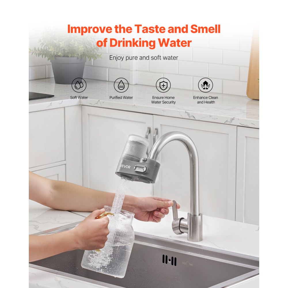 VEVOR Faucet Mount Water Filter, Vertical Water Purifier for Sink Tap, Carbon Fiber Filters, Removes Chlorine Lead with 1 Filter, Fits Most Kitchen or Bathroom Faucets, Gray
