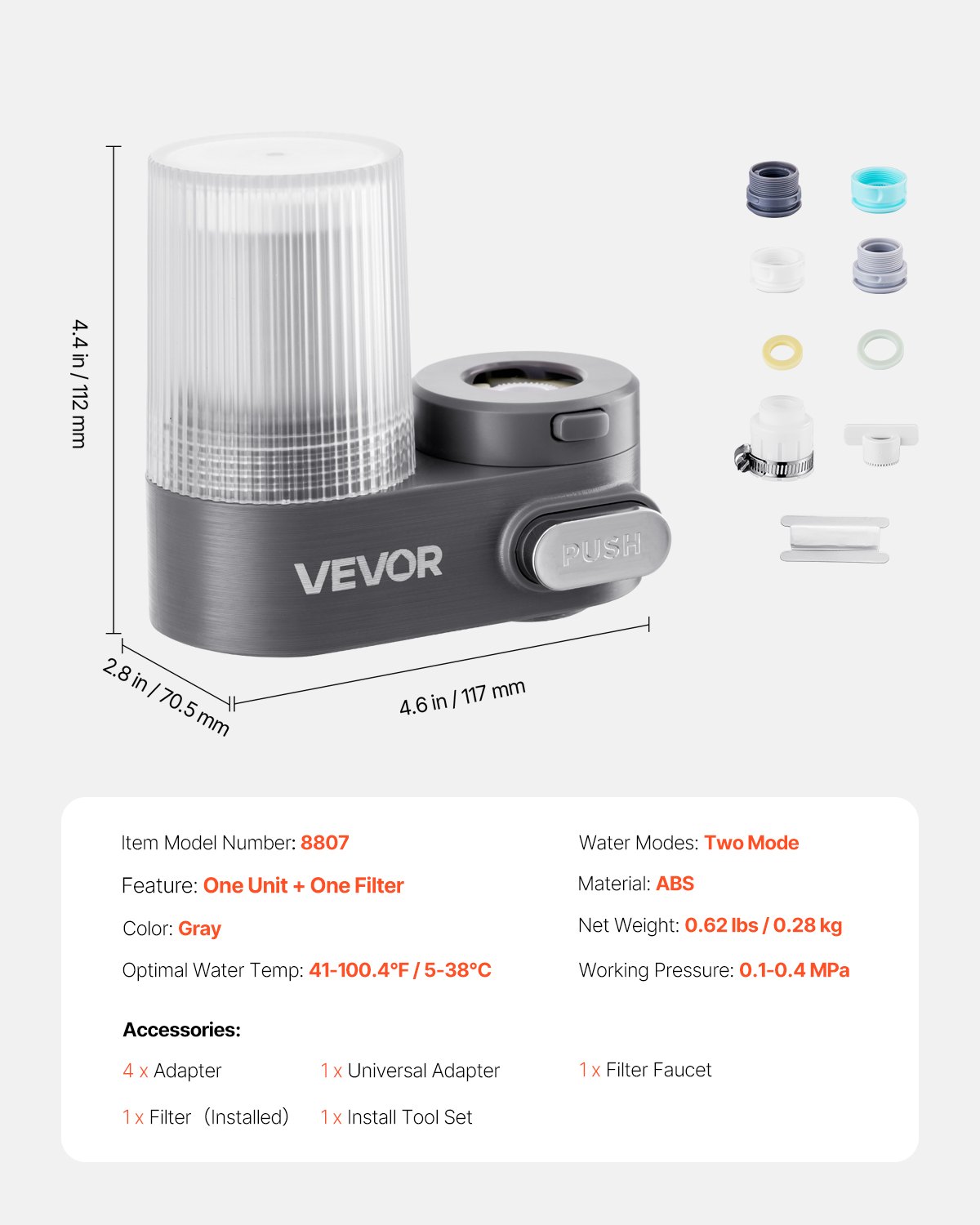 VEVOR Faucet Mount Water Filter, Vertical Water Purifier for Sink Tap, Carbon Fiber Filters, Removes Chlorine Lead with 1 Filter, Fits Most Kitchen or Bathroom Faucets, Gray