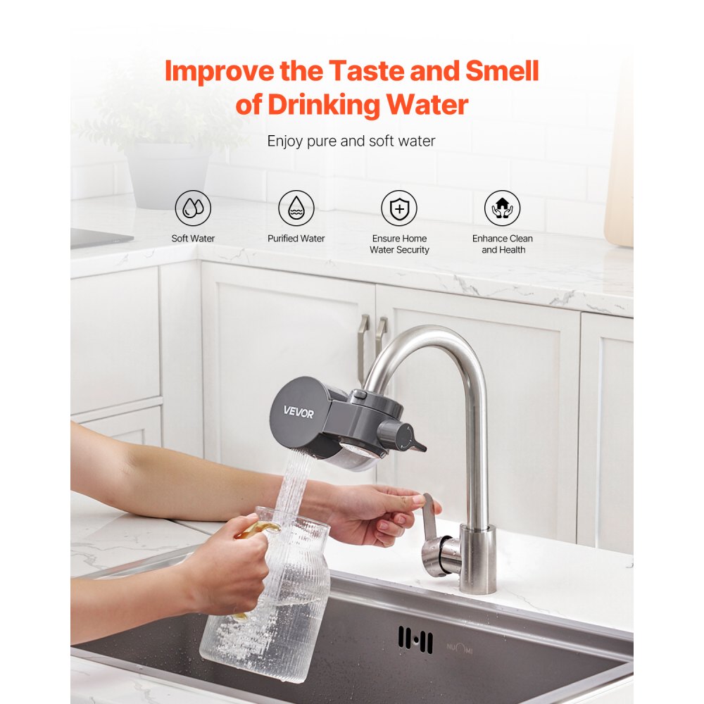 VEVOR Faucet Mount Water Filter, Horizontal Water Purifier for Sink Tap, Carbon Fiber Filters, Removes Chlorine Lead with 1 Filter, Fits Most Kitchen or Bathroom Faucets, Gray