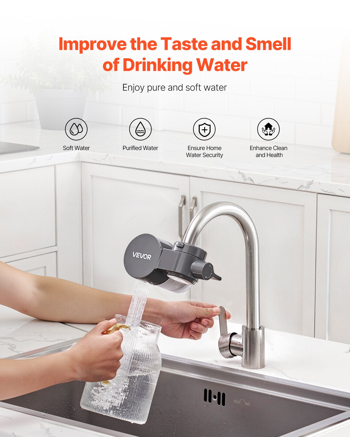 VEVOR Faucet Mount Water Filter, Horizontal Water Purifier for Sink Tap, Carbon Fiber Filters, Removes Chlorine Lead with 1 Filter, Fits Most Kitchen or Bathroom Faucets, Gray