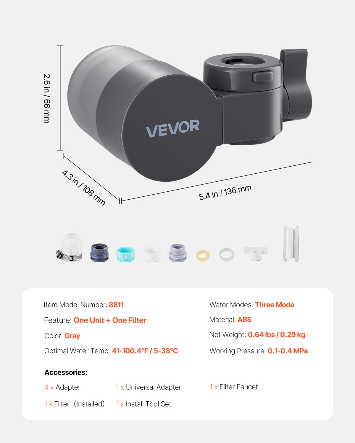 VEVOR Faucet Mount Water Filter, Horizontal Water Purifier for Sink Tap, Carbon Fiber Filters, Removes Chlorine Lead with 1 Filter, Fits Most Kitchen or Bathroom Faucets, Gray
