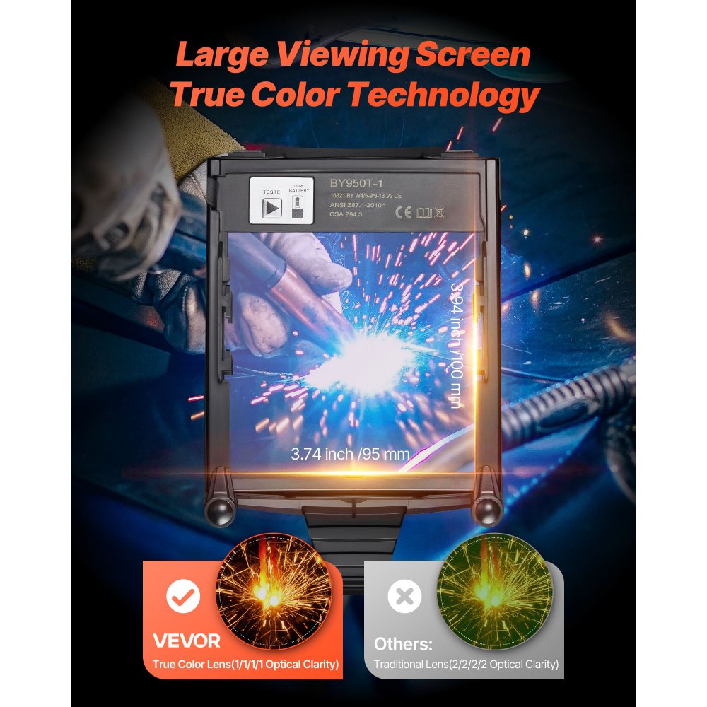 VEVOR Welding Helmet Auto Darkening, 3.94" x 3.74" True Color Welding Hood, 1/1/1/1 Solar-Powered Welder Mask 4 Arc Sensors, Wide Shade 4/5-9/9-13 for TIG MIG ARC Weld Grinding Cutting - METIS Series