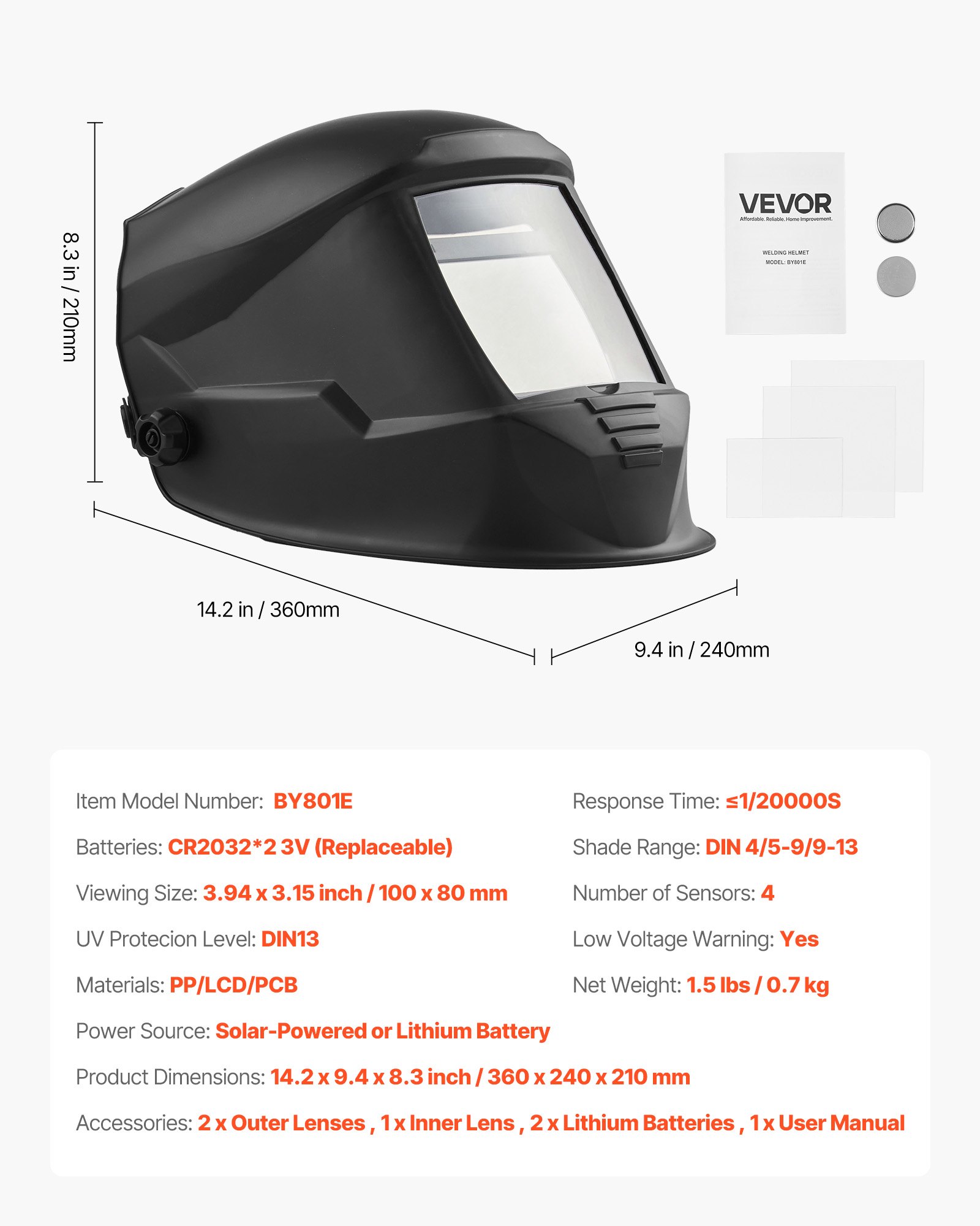 VEVOR Welding Helmet Auto Darkening, 100 x 80 mm True Color Welding Hood, Solar-Powered Welder Mask 4 Arc Sensors, Wide Shade 4/5-9/9-13 for TIG MIG Weld Cutting Grinding Application - METIS Series