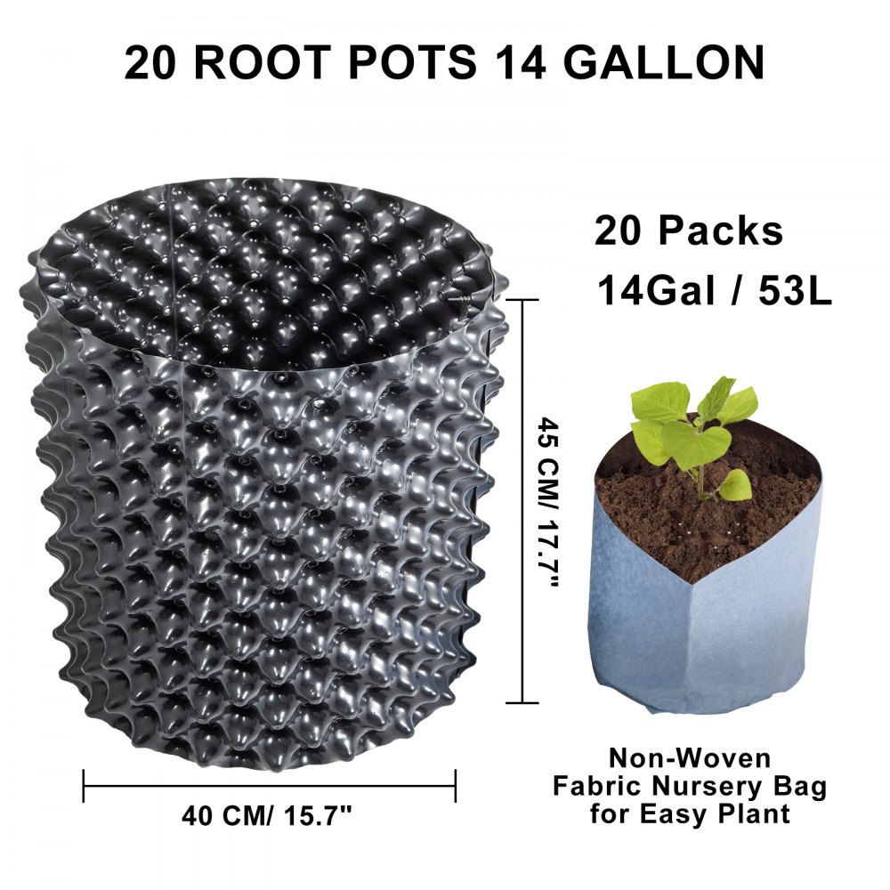 VEVOR 20 macetas de poda de raíces de aire, maceta de propagación de jardín de 14 galones, maceta equivalente negra, contenedor de poda de aire reciclado, macetas de raíces de aire, entrenador de raíces de plantas, con tornillos de base y maceta de tela no tejida