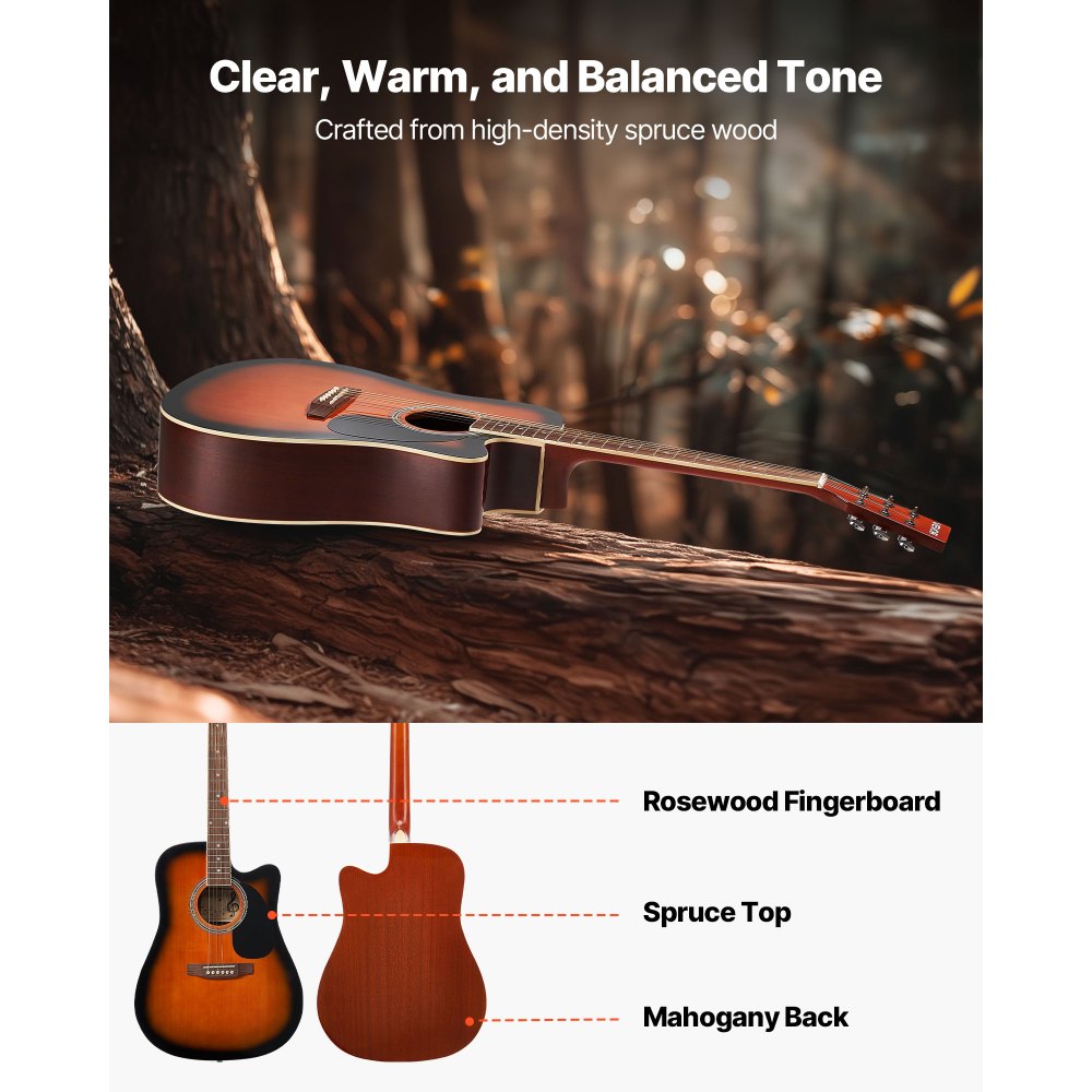 VEVOR 104.,4 mm (41 inch) Cutway Acoustic Guitar Beginner Bundle Gig Bag for Adult Sunburst
