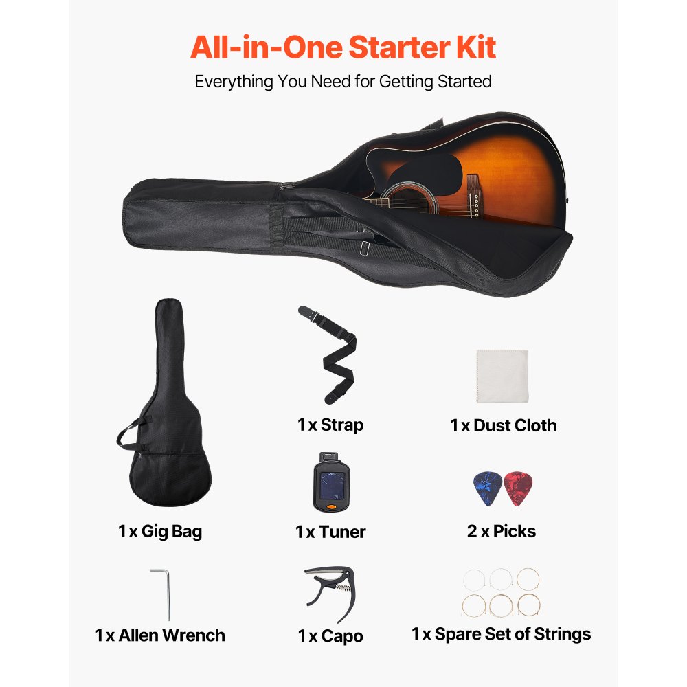 VEVOR 104.,4 mm (41 inch) Cutway Acoustic Guitar Beginner Bundle Gig Bag for Adult Sunburst