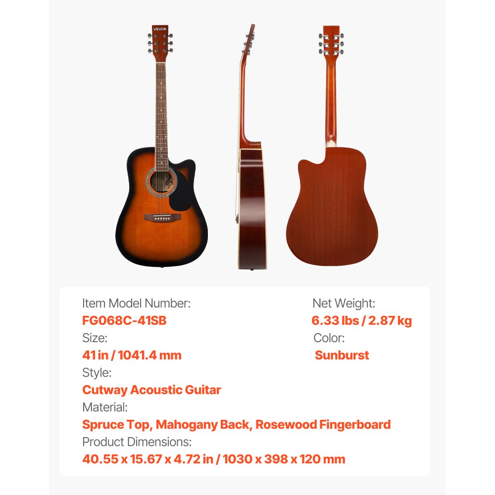 VEVOR 104.,4 mm (41 inch) Cutway Acoustic Guitar Beginner Bundle Gig Bag for Adult Sunburst