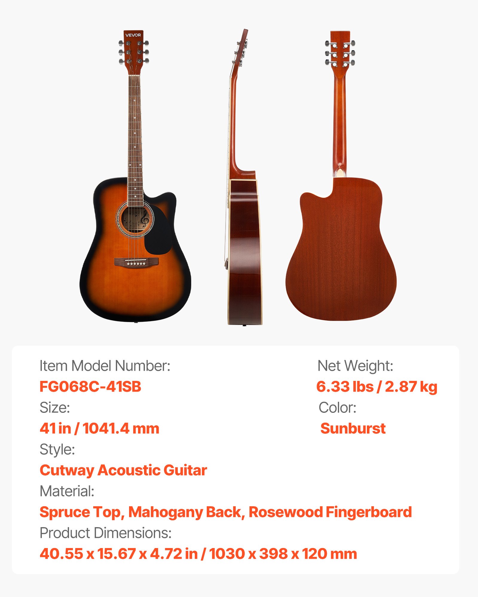 VEVOR 104.,4 mm (41 inch) Cutway Acoustic Guitar Beginner Bundle Gig Bag for Adult Sunburst