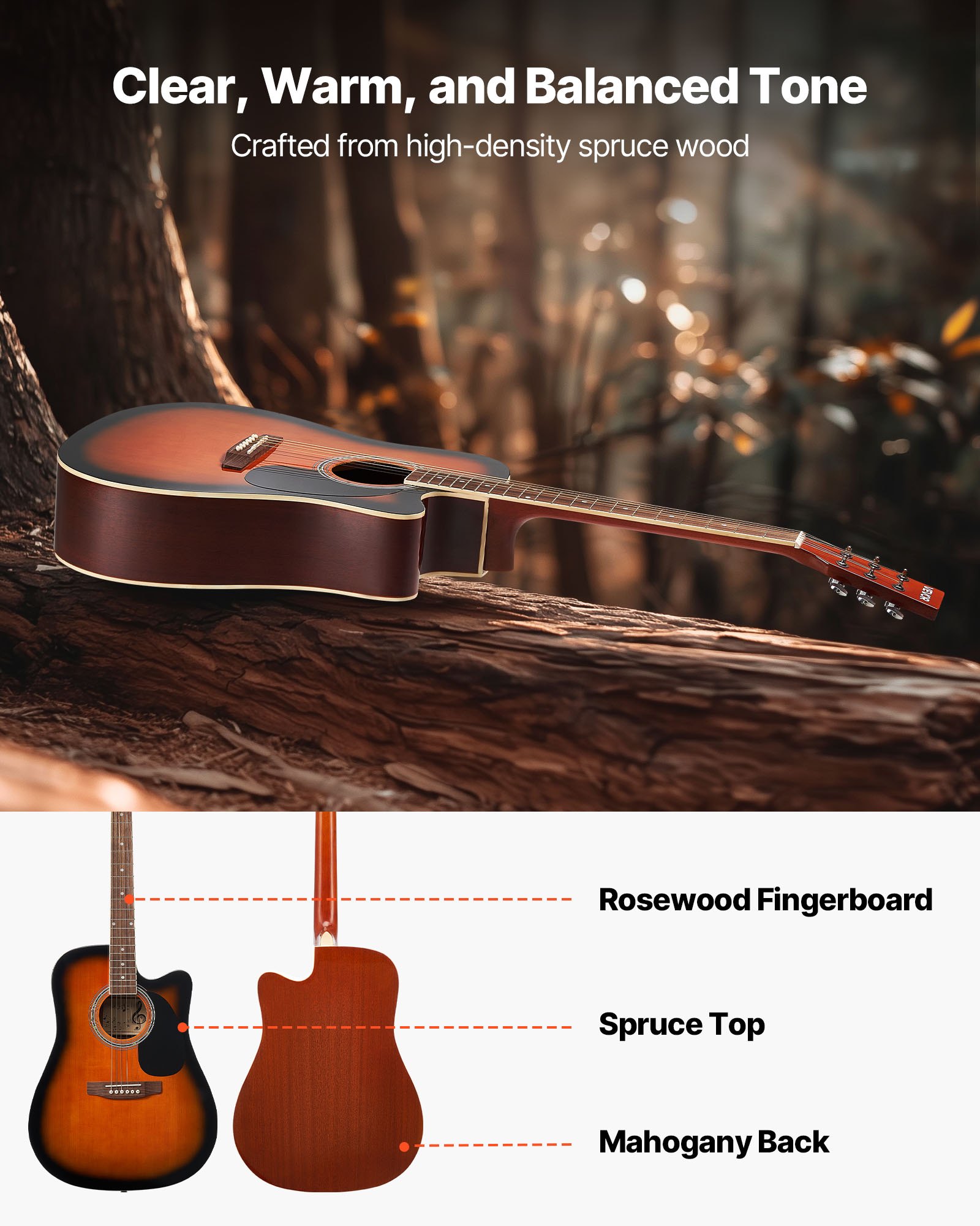 VEVOR 104.,4 mm (41 inch) Cutway Acoustic Guitar Beginner Bundle Gig Bag for Adult Sunburst