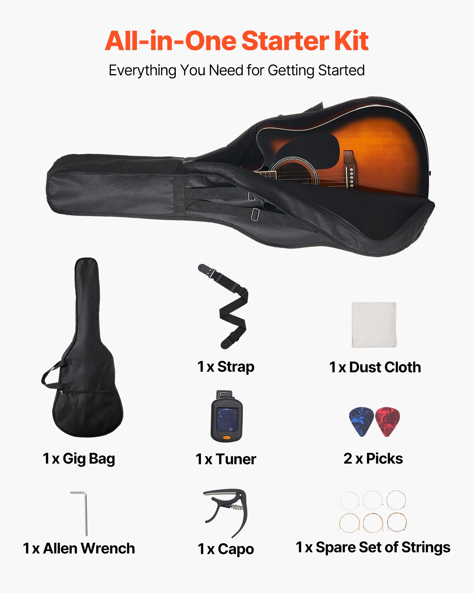 VEVOR 104.,4 mm (41 inch) Cutway Acoustic Guitar Beginner Bundle Gig Bag for Adult Sunburst