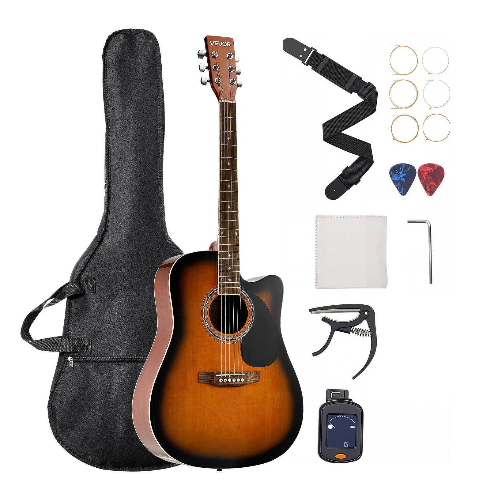 VEVOR 104.,4 mm (41 inch) Cutway Acoustic Guitar Beginner Bundle Gig Bag for Adult Sunburst