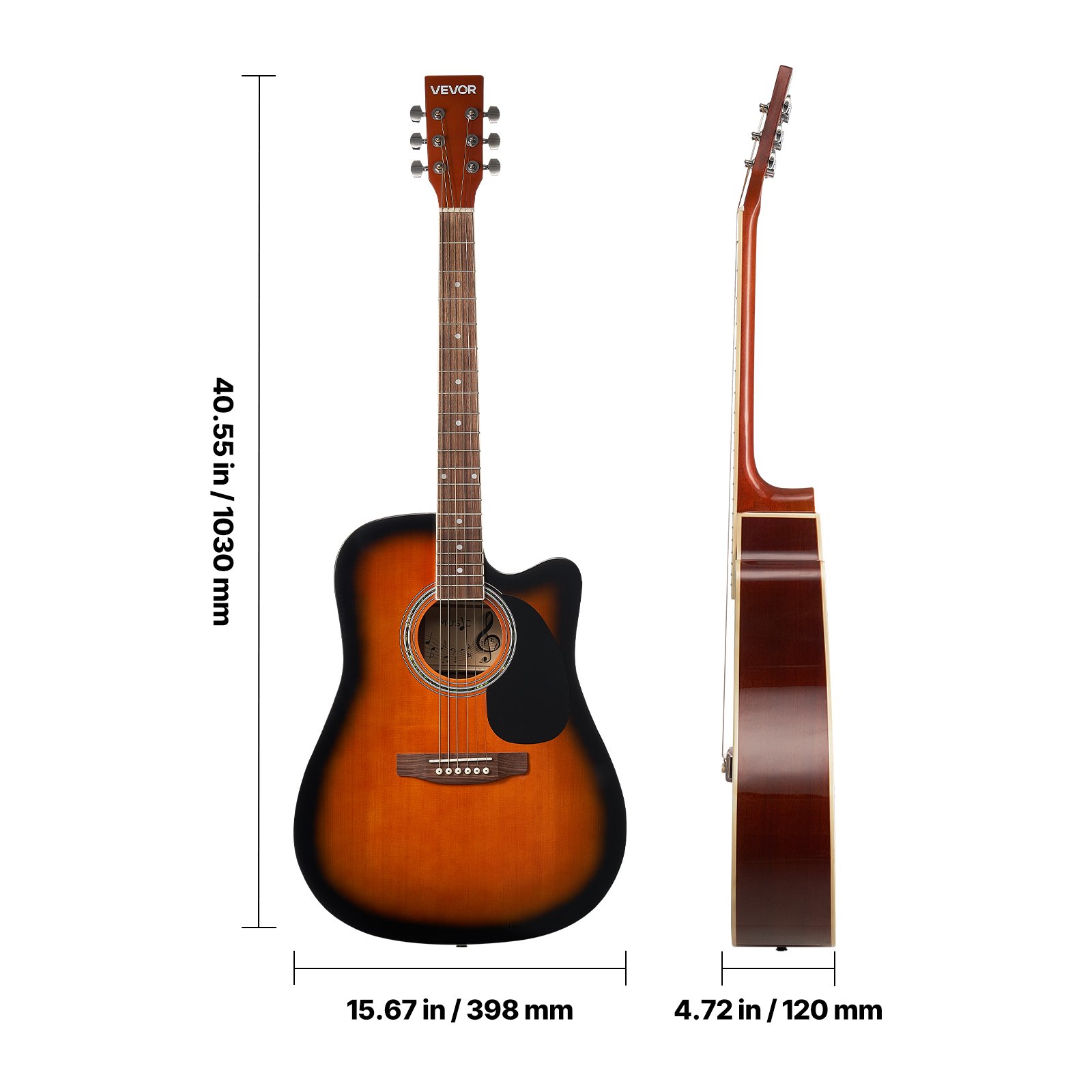 VEVOR 104.,4 mm (41 inch) Cutway Acoustic Guitar Beginner Bundle Gig Bag for Adult Sunburst
