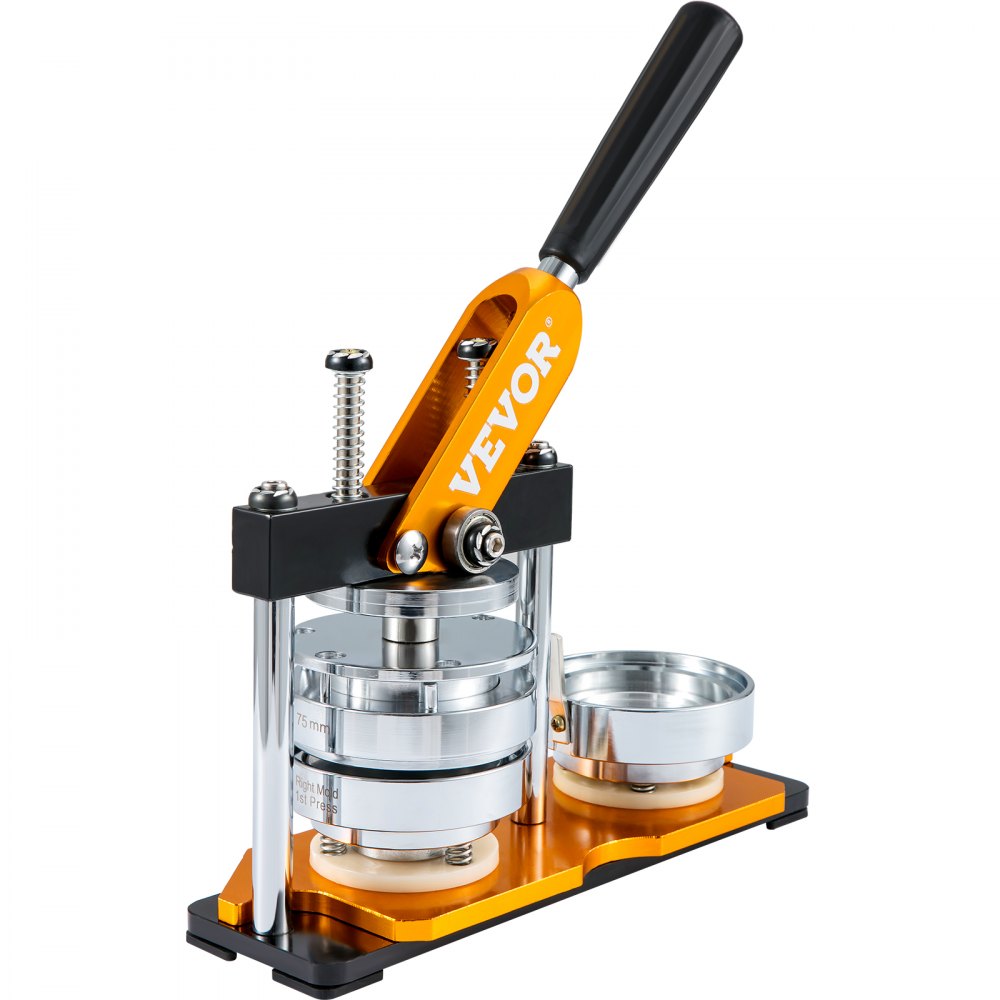 VEVOR button maker with an orange handle and silver base, designed for creating custom buttons.