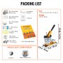 VEVOR button maker packing list showing included parts, measurements, and badge size comparison.
