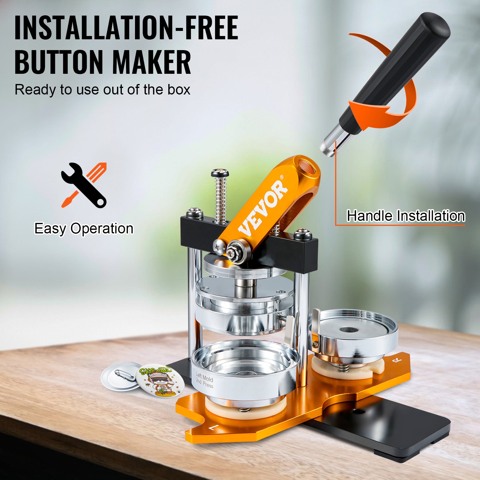 VEVOR button maker on wooden table, showcasing easy operation and installation-free design.