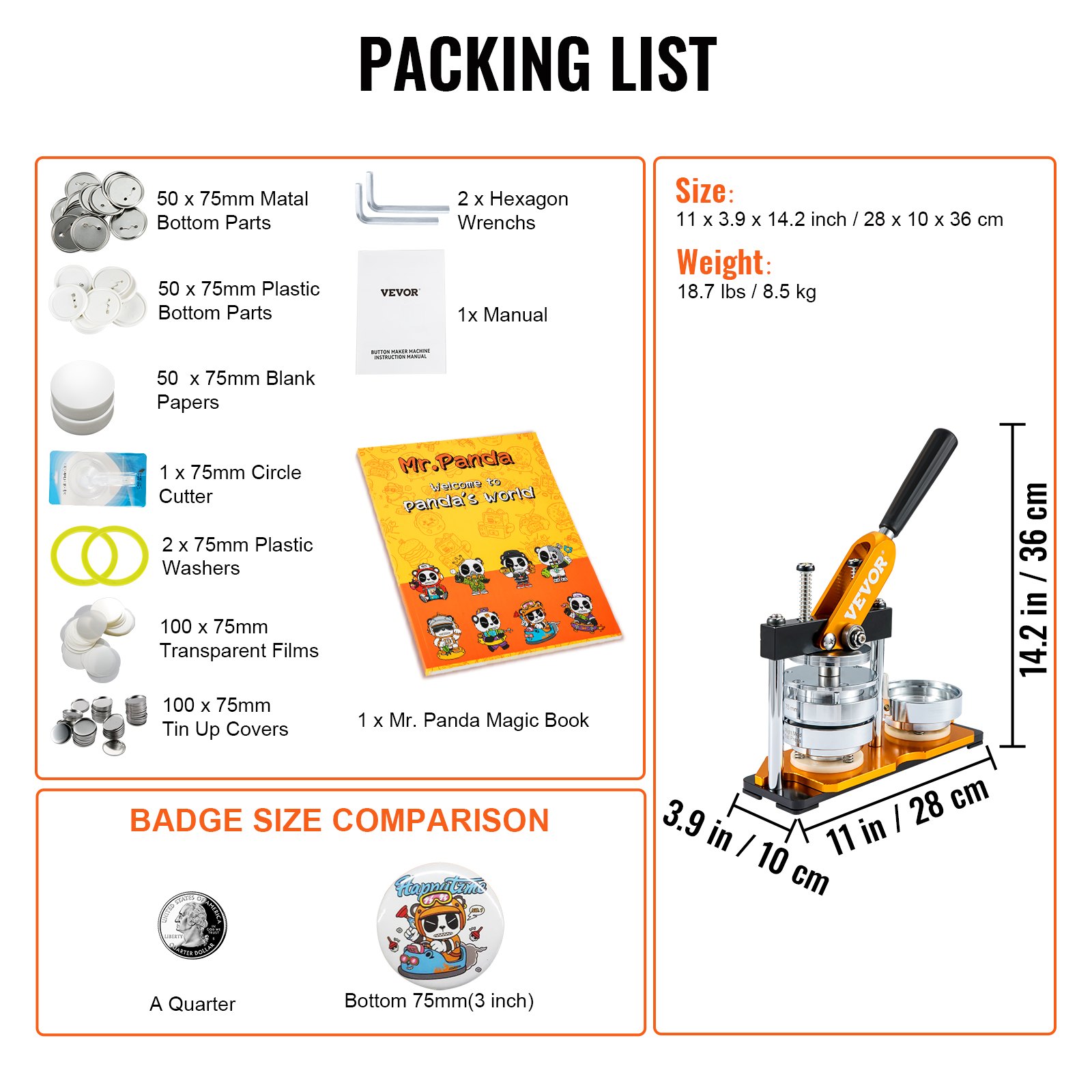 VEVOR button maker packing list showing included parts, measurements, and badge size comparison.