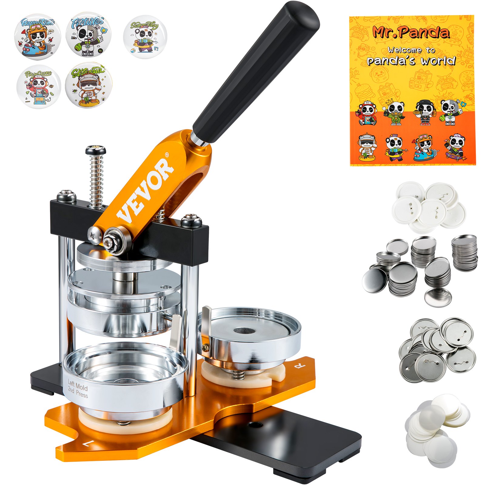 VEVOR button maker with accessories and button designs featuring panda-themed illustrations.