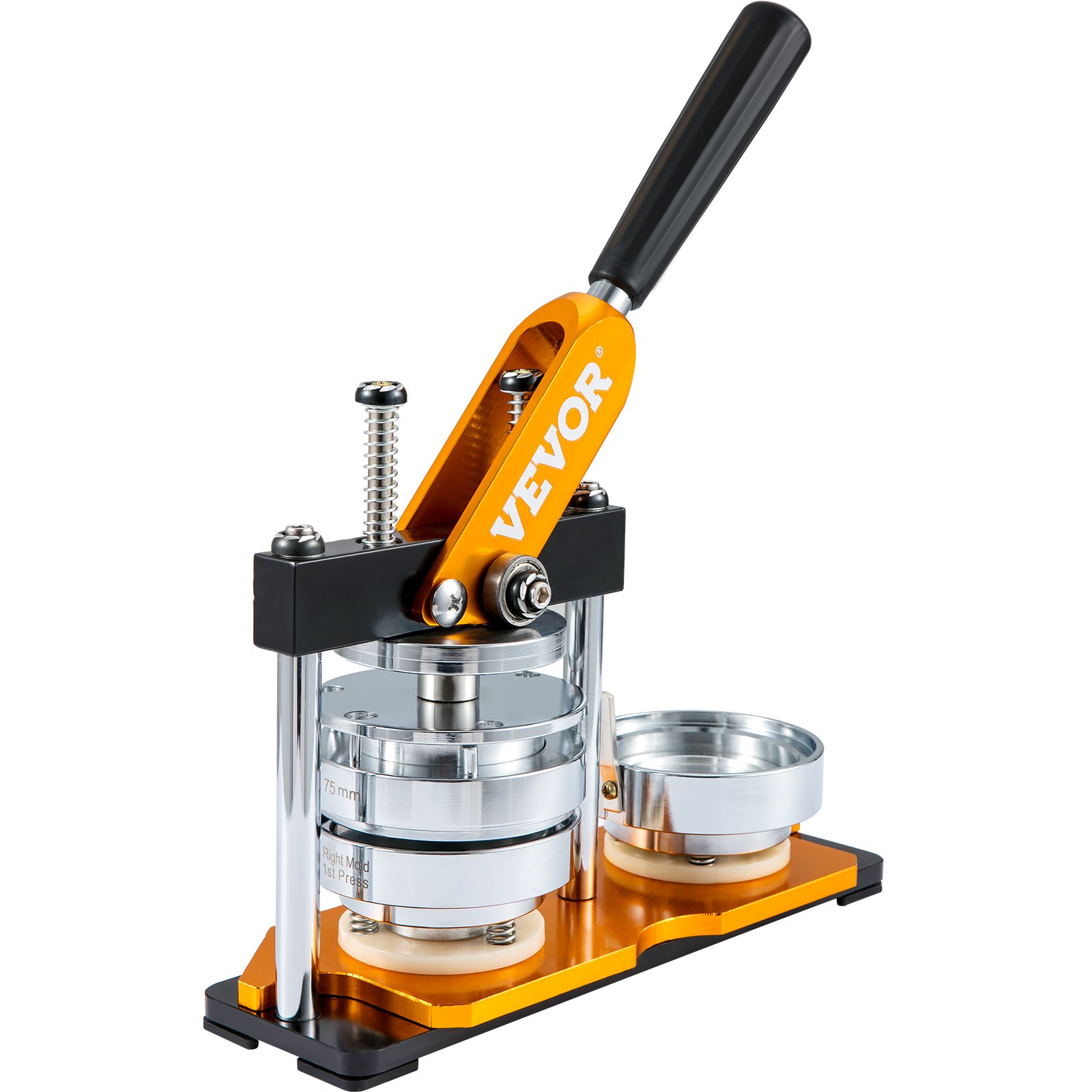 VEVOR button maker with an orange handle and silver base, designed for creating custom buttons.