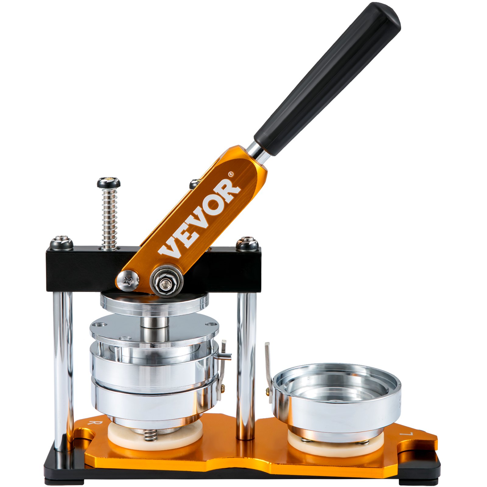 VEVOR button maker with a black handle, orange base, and silver components for crafting buttons.