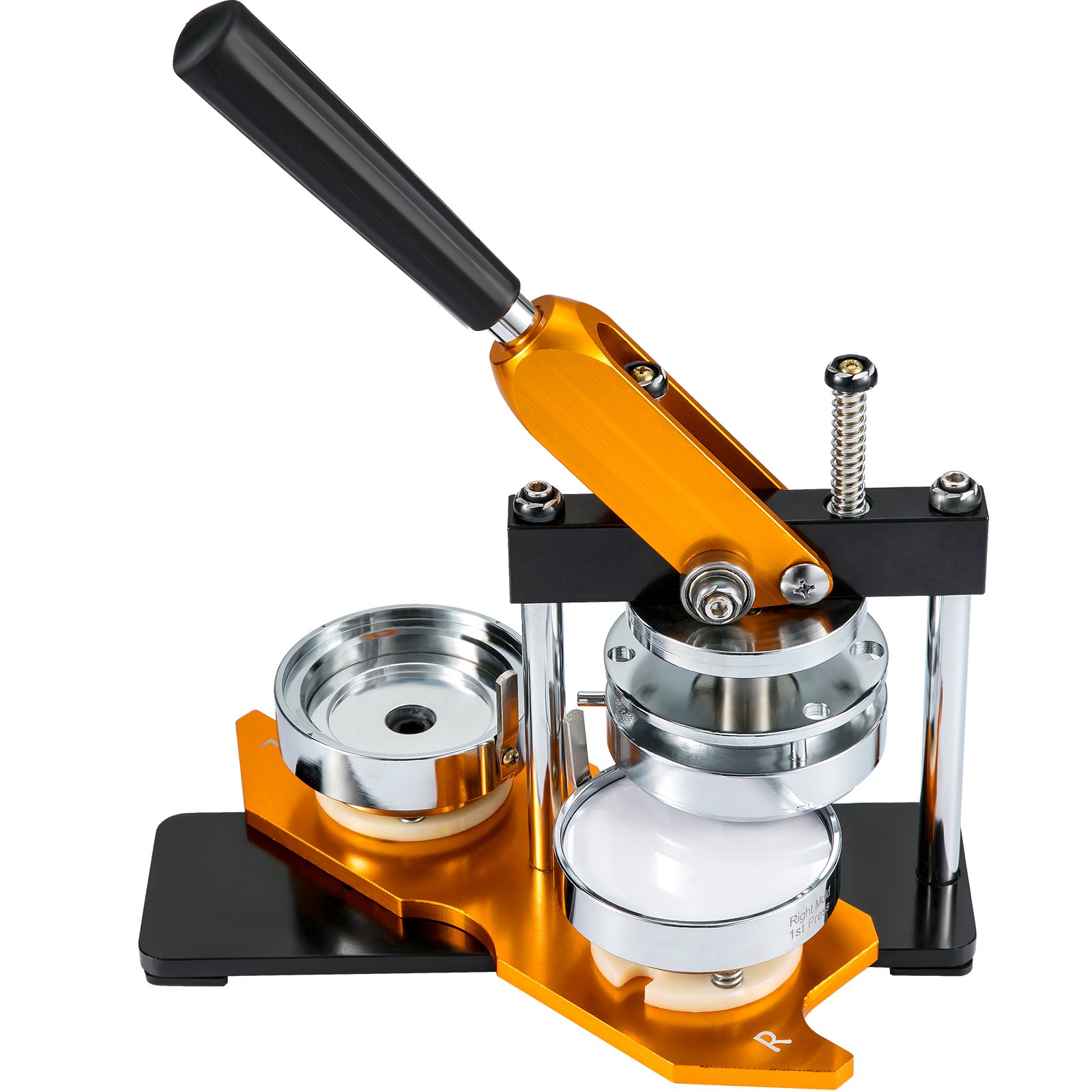 orange and silver VEVOR button maker with a black handle on a white background.