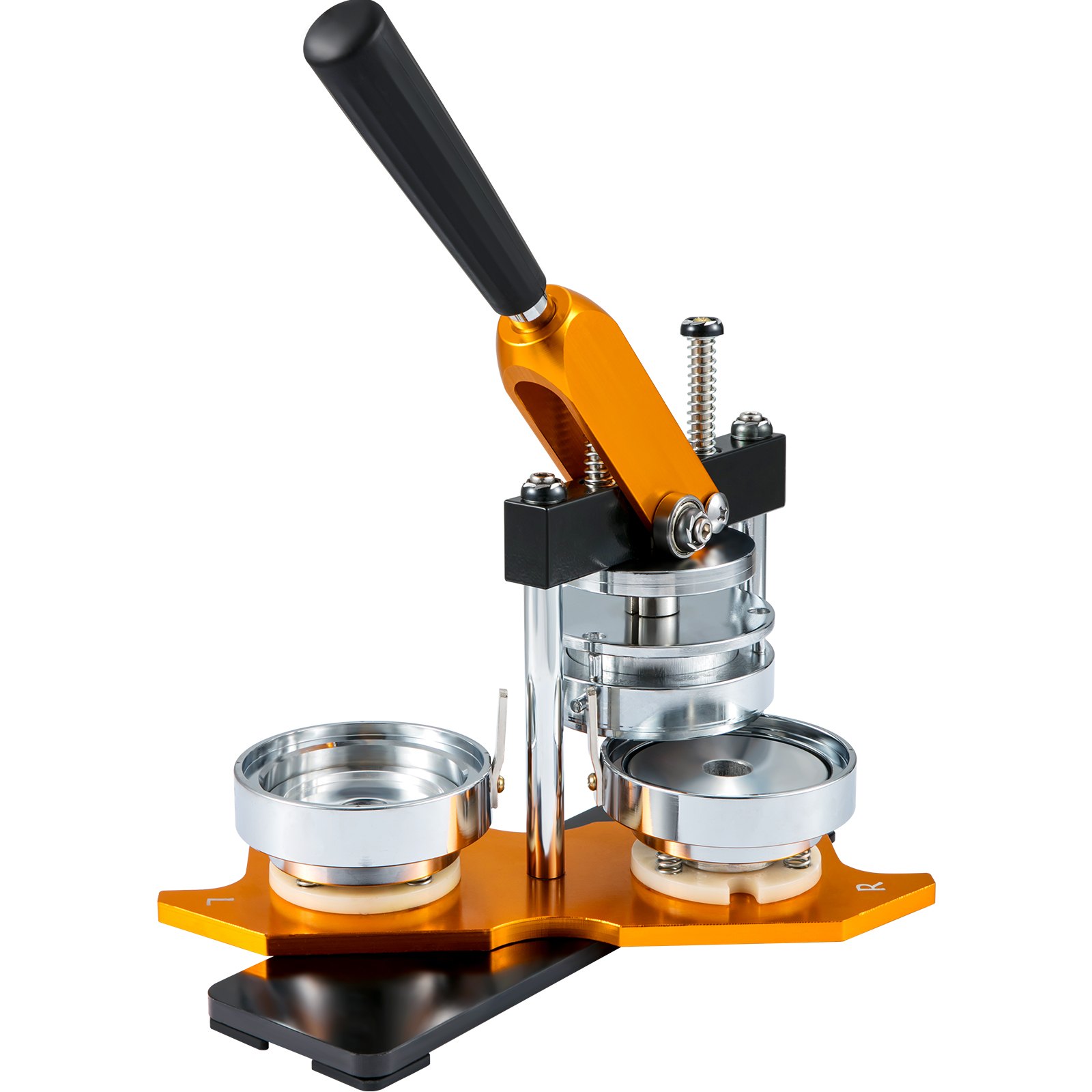 VEVOR button maker with orange base and black handle, featuring dual metal press molds.
