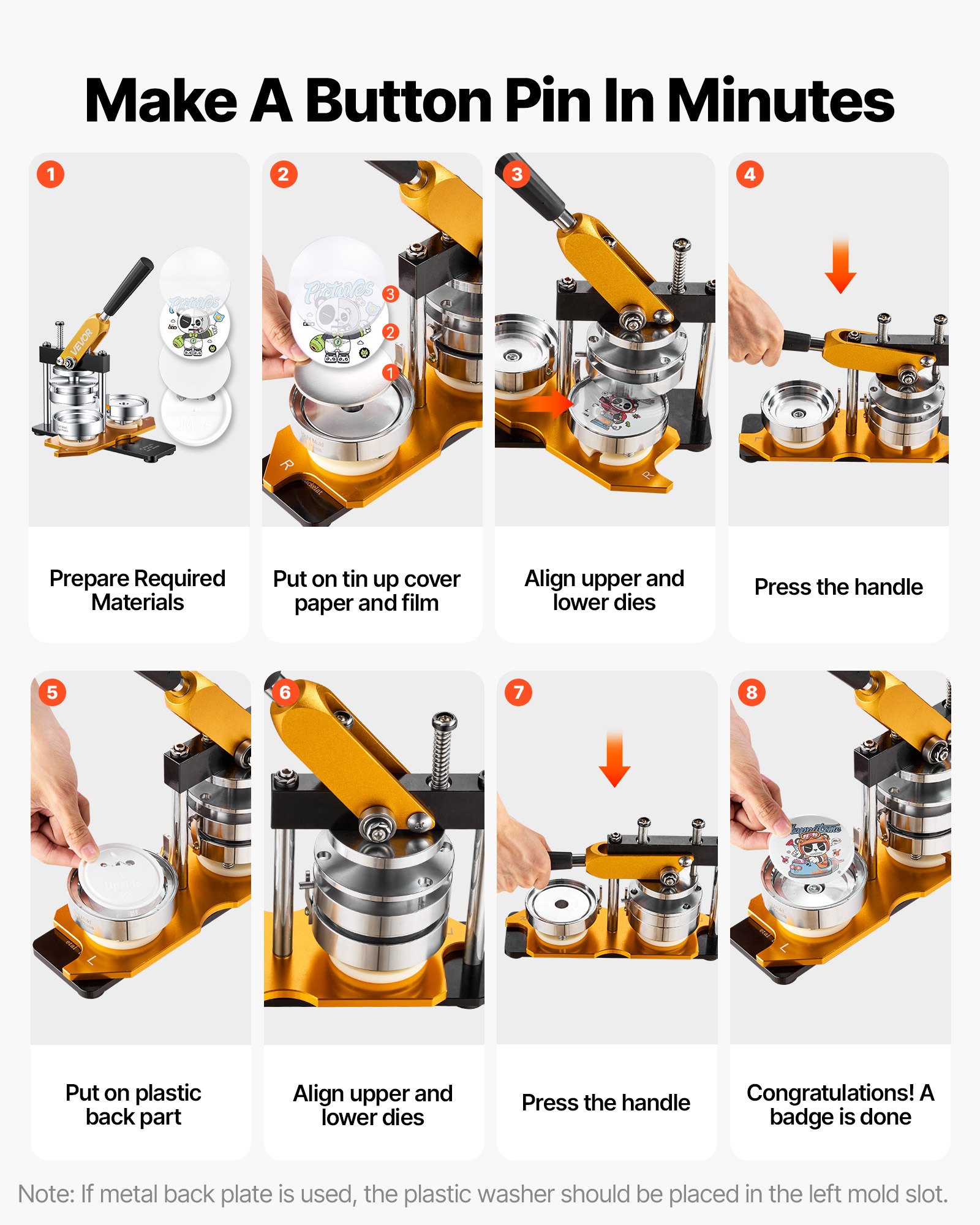 VEVOR Button Maker Machine, 75 mm (3 inch) Badge Punch Press Kit, Children DIY Gifts Pin Maker, Button Making Supplies with 500pcs Button Parts & Circle Cutter & Magic Book