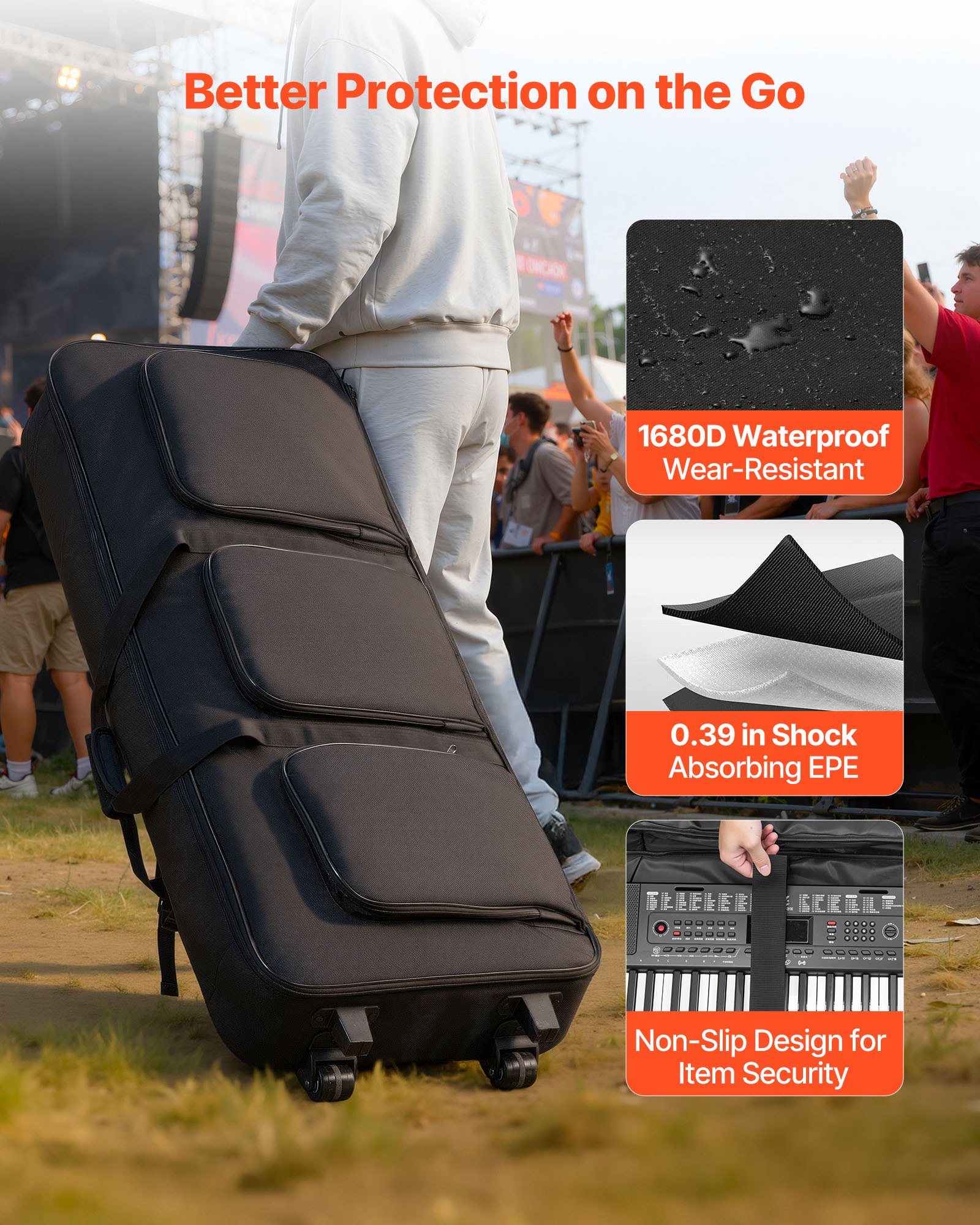 VEVOR 88 Key Keyboard Case, 1040 x 430 x 130 mm Interior, Padded Rolling Piano Case with Wheels, Sturdy Handle, 3-Pocket Storage, Gig Bag with Smooth Wheels, for 88 Note Keyboards and Electric Pianos