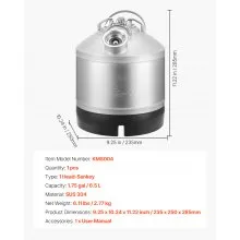 VEVOR Cleaning Keg, 6.5L Keg Line Cleaning Kit with D Coupler Connection & Rubber Base, Beer Lines Cleaner Used for Beer Line Cleaning, 304Stainless Steel Kegerator Beers Lines Cleaner Kit