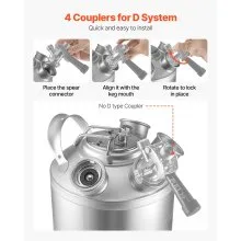 VEVOR Cleaning Keg, 5 Gallon/19L Keg Line Cleaning Kit with 4 D Coupler Connections & Rubber Base, Beer Lines Cleaner Used for Beer Line Cleaning, 304 Stainless Steel Kegerator Beers Lines Cleaner Kit