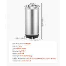 VEVOR Cleaning Keg, 5 Gallon/19L Keg Line Cleaning Kit with 4 D Coupler Connections & Rubber Base, Beer Lines Cleaner Used for Beer Line Cleaning, 304 Stainless Steel Kegerator Beers Lines Cleaner Kit
