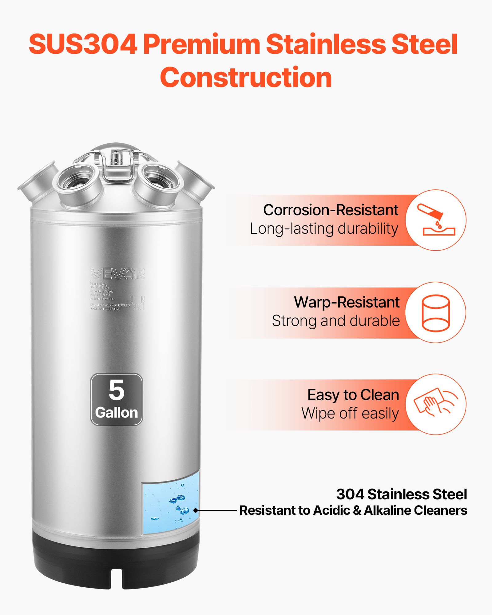 VEVOR Cleaning Keg, 5 Gallon/19L Keg Line Cleaning Kit with 4 D Coupler Connections & Rubber Base, Beer Lines Cleaner Used for Beer Line Cleaning, 304 Stainless Steel Kegerator Beers Lines Cleaner Kit