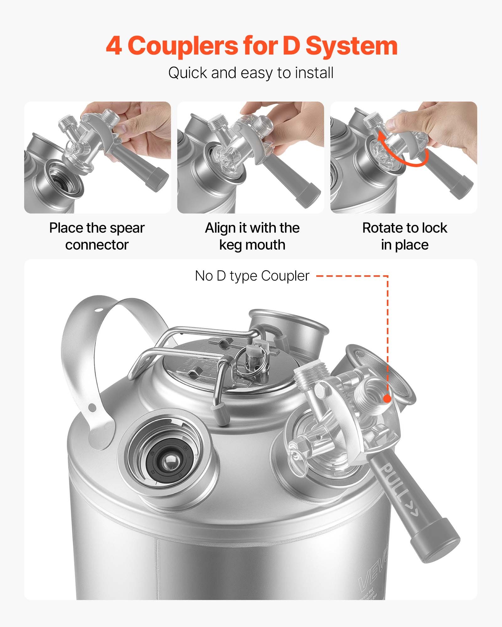 VEVOR Cleaning Keg, 5 Gallon/19L Keg Line Cleaning Kit with 4 D Coupler Connections & Rubber Base, Beer Lines Cleaner Used for Beer Line Cleaning, 304 Stainless Steel Kegerator Beers Lines Cleaner Kit