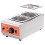 VEVOR chocolate tempering machine with two stainless steel trays and an orange control panel.