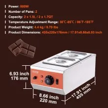 VEVOR Chocolate Tempering Machine, 9 Lbs 2 Tanks Chocolate Melting Pot with TEMP Control 86~185℉, 800W Stainless Steel Electric Commercial Food Warmer For Chocolate/Milk/Cream Melting and Heating