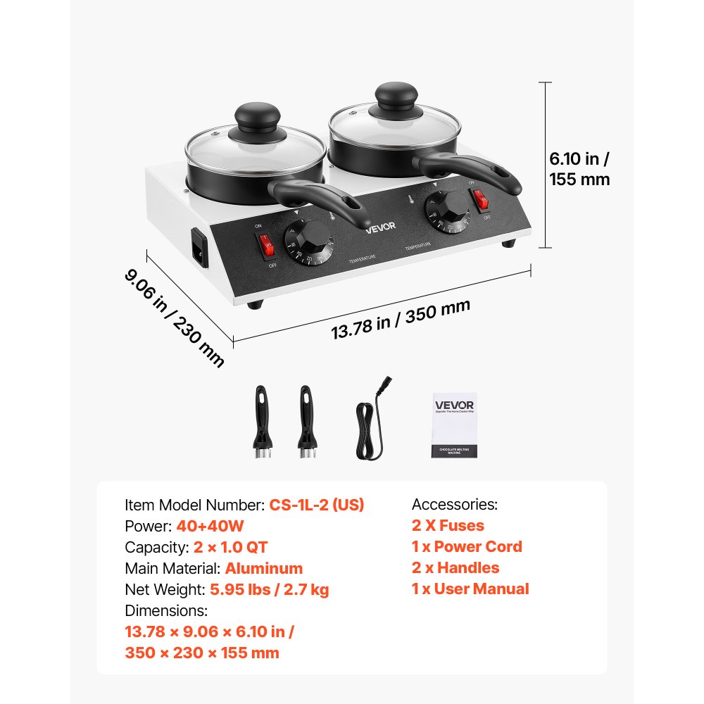 VEVOR Chocolate Melting Pot - 2 x 1 QT Pots, 86℉ - 185℉ Choc Warm Machine, 80W Even Cheese Melter, 2 Knobs Temp Control, 2 Ceramic Coated Pots, Electric Warmer for Mulled Milk Candy, Commercial & Home