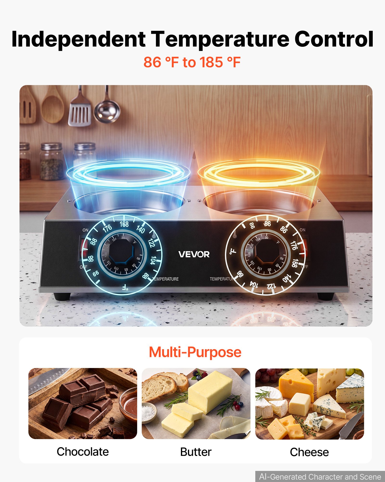 VEVOR Chocolate Melting Pot - 2 x 1 QT Pots, 86℉ - 185℉ Choc Warm Machine, 80W Even Cheese Melter, 2 Knobs Temp Control, 2 Ceramic Coated Pots, Electric Warmer for Mulled Milk Candy, Commercial & Home