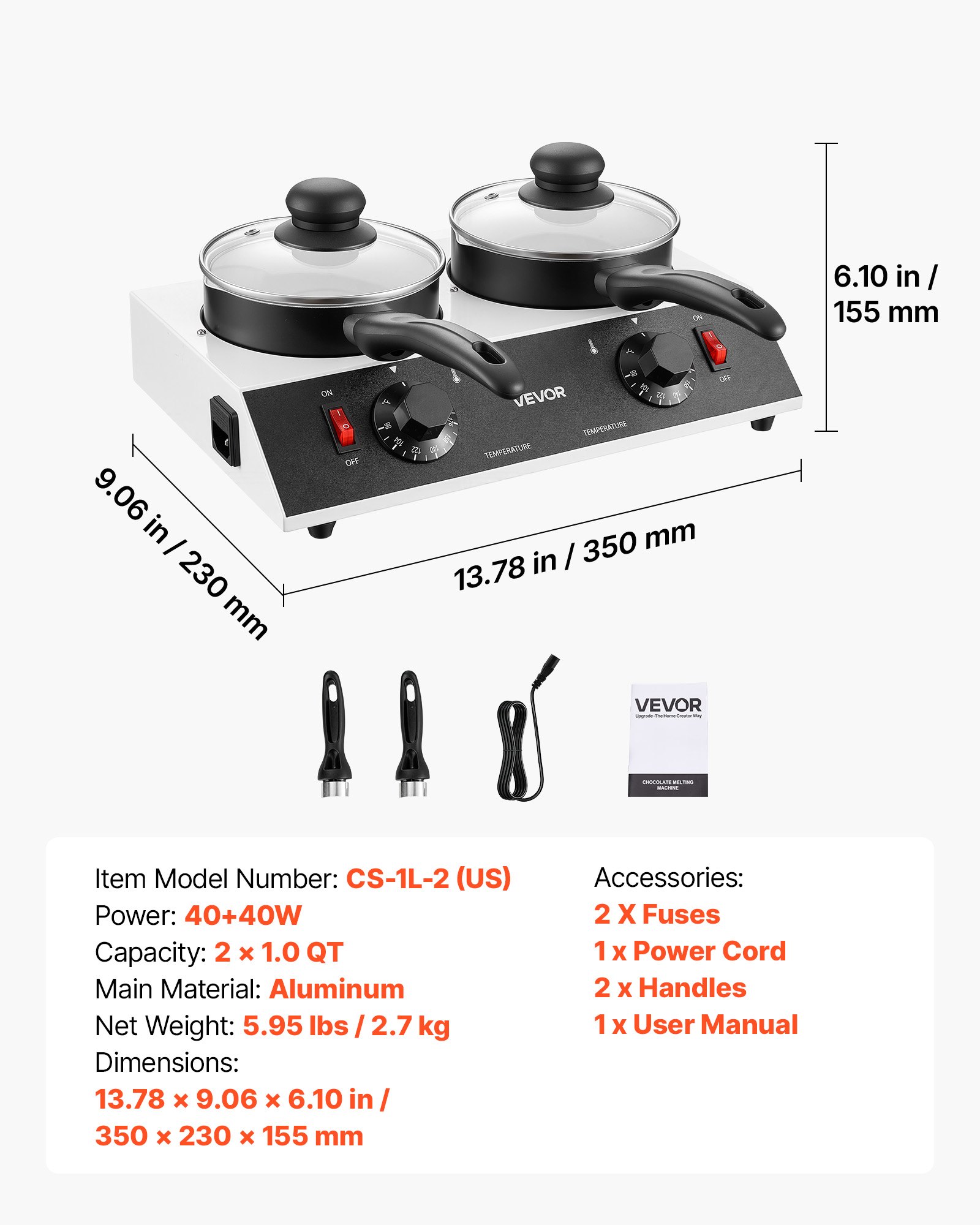 VEVOR Chocolate Melting Pot - 2 x 1 QT Pots, 86℉ - 185℉ Choc Warm Machine, 80W Even Cheese Melter, 2 Knobs Temp Control, 2 Ceramic Coated Pots, Electric Warmer for Mulled Milk Candy, Commercial & Home