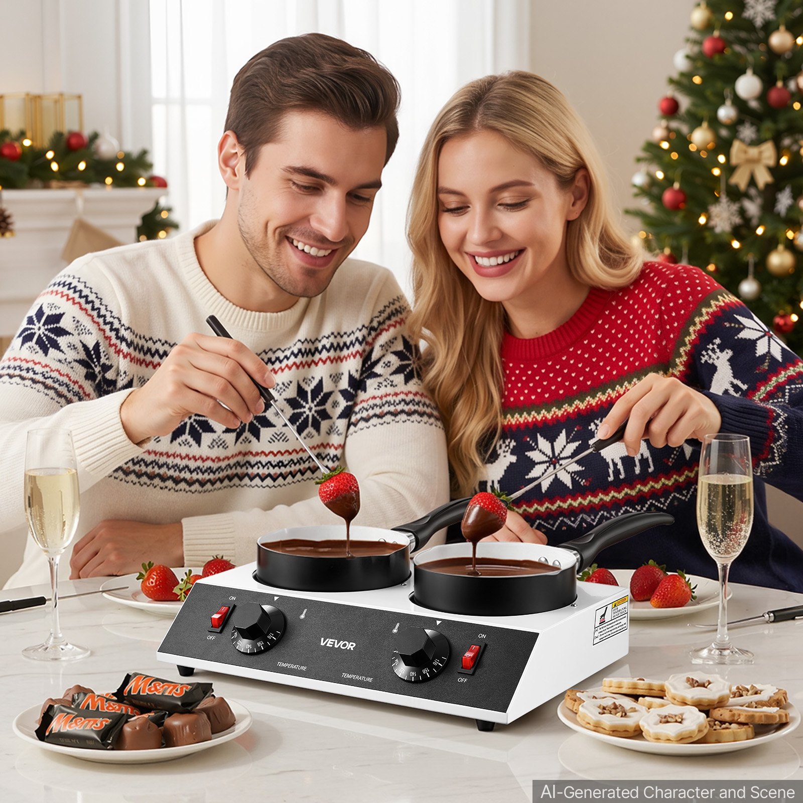 VEVOR Chocolate Melting Pot - 2 x 1 QT Pots, 86℉ - 185℉ Choc Warm Machine, 80W Even Cheese Melter, 2 Knobs Temp Control, 2 Ceramic Coated Pots, Electric Warmer for Mulled Milk Candy, Commercial & Home