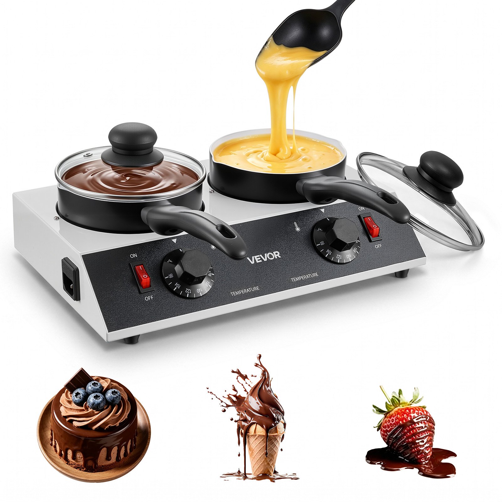 VEVOR Chocolate Melting Pot - 2 x 1 QT Pots, 86℉ - 185℉ Choc Warm Machine, 80W Even Cheese Melter, 2 Knobs Temp Control, 2 Ceramic Coated Pots, Electric Warmer for Mulled Milk Candy, Commercial & Home