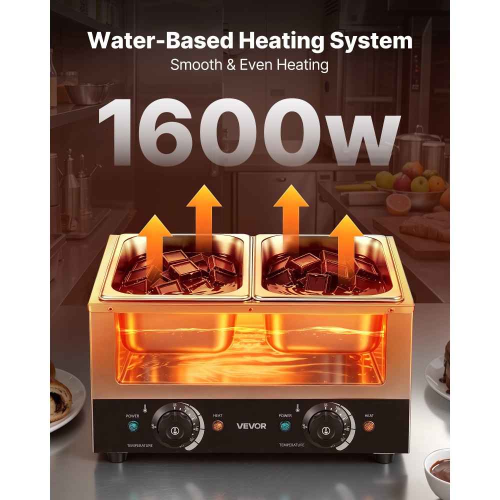 VEVOR 2-Temp Knob Chocolate Melting Machine, 2 Tanks 17.6 Lbs Choc Melter, 1600W Power, Independent Temp Control, Water Bath Heat System, Stainless Steel, 86℉ - 185℉, Cheese Warmer, Commercial & Home