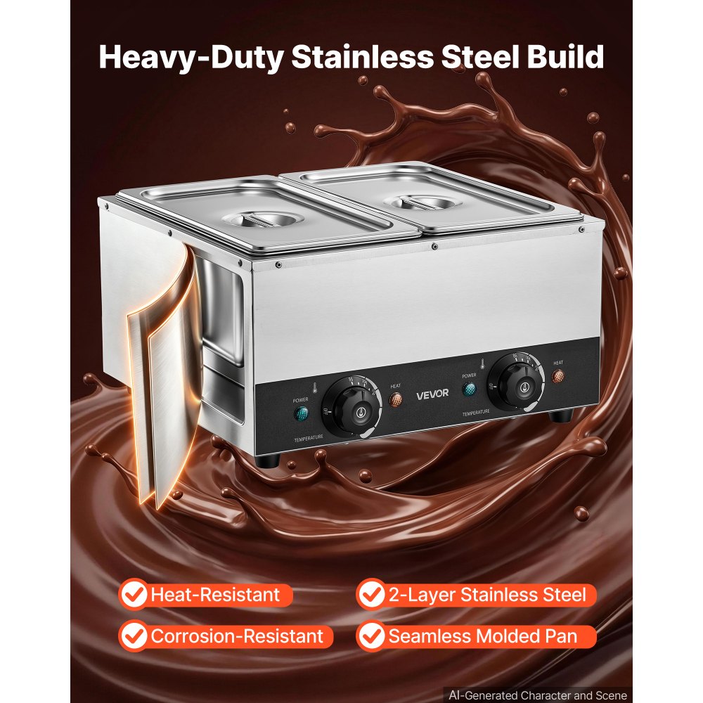 VEVOR 2-Temp Knob Chocolate Melting Machine, 2 Tanks 17.6 Lbs Choc Melter, 1600W Power, Independent Temp Control, Water Bath Heat System, Stainless Steel, 86℉ - 185℉, Cheese Warmer, Commercial & Home